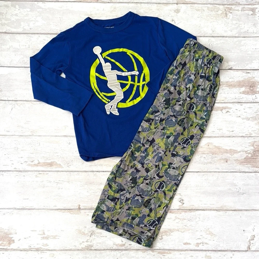 Cherokee 6/7 Boys Sports Pajamas Pjs Set Blue Green Basketball Long Sleeves 6 7